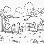 Simple black and white line art of a horse running on a farm, ideal for kids' coloring books with clear outlines and no shading.