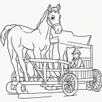 A simple black and white coloring page depicting a horse pulling a wagon, designed for kids with clear outlines suitable for a coloring book.