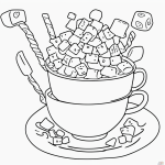 A black and white coloring page depicting a cup of hot chocolate with marshmallows, designed for kids with clear outlines and no shading.