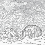 A simple black and white coloring page featuring an igloo under the northern lights, designed with clear outlines for kids' coloring enjoyment.