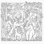 A simple black and white coloring page depicting a jungle scene full of various animals, designed as line art with clear outlines for children to color.