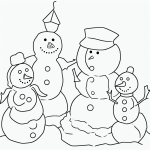 A simple black and white coloring page of kids building a snowman, designed with clear outlines and no shading, perfect for a kids' coloring book.