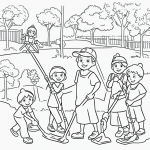A simple black and white coloring page for kids showing children cleaning a park in line art, perfect for a coloring book with clear outlines and no shading.