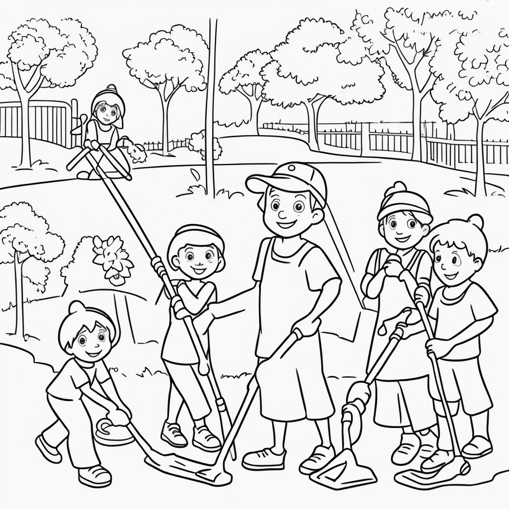 Fun Kids Coloring Page: Clean the Park Line Art