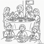 Simple black and white coloring page showing pilgrims sharing a meal, perfect for kids' coloring book activities.