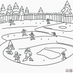 Black and white coloring page of kids ice skating on a frozen pond. Simple line art with clear outlines, perfect for children's coloring activities.
