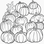 A black and white line art of children picking pumpkins, with clear outlines ideal for coloring, capturing the essence of a fun and educational fall activity.