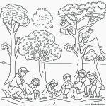 Black and white coloring page depicting kids planting a tree, perfect for children's coloring activities with clear outlines and simple line art.