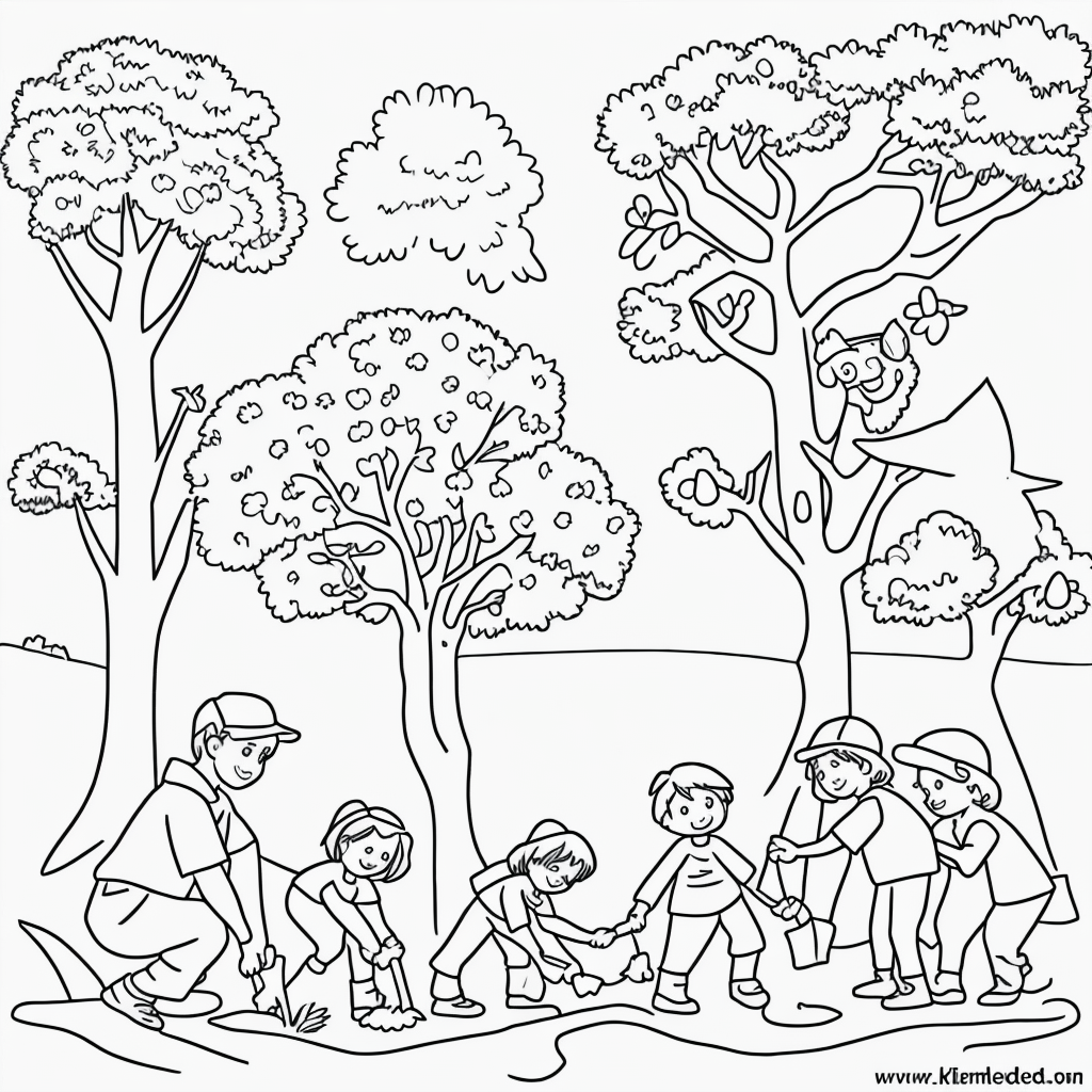 Engaging Coloring Page of Kids Planting a Tree