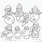 Black and white coloring page of kids playing with snowballs, featuring clear outlines and simple line art, suitable for children's coloring books.