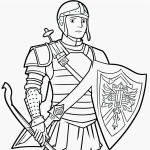 A simple black and white coloring page for kids featuring a knight holding a sword and shield, designed for easy coloring with clear outlines and no shading.