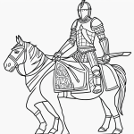 A simple black and white coloring page of a knight on a horse with armor, featuring clear outlines and no shading, perfect for kids' coloring books.