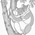 A simple black and white coloring page of a koala hugging a tree, featuring clear outlines and no shading, ideal for kids and suitable for a coloring book.