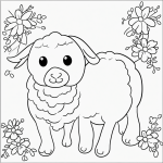 A black and white coloring page of a lamb with Easter flowers, designed in simple line art with clear outlines, perfect for kids' coloring books.