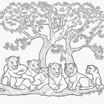 A simple black and white coloring page depicting lions resting under a tree, designed for kids with clear outlines and no shading, ideal for coloring books.