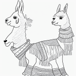 A simple black and white coloring page of a llama wearing a scarf, with clear outlines, perfect for kids to color and enjoy a creative activity.