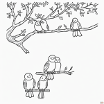 Black and white line art of two lovebirds on a branch, perfect for kids' coloring activities. Simple, clear outlines ideal for coloring books.