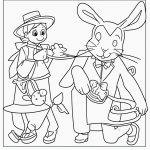 A simple black and white coloring page for kids showing a magician pulling a rabbit from a hat, with clear outlines and suitable for a coloring book.