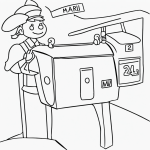 Black and white coloring page for kids showing a mail carrier delivering letters with clear outlines, ideal for a coloring book.