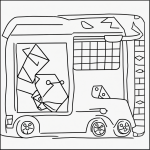 A simple black and white coloring page of a mail truck delivering letters, designed for kids with clear outlines, suitable for coloring books.