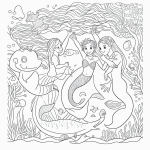 A charming black and white coloring page featuring mermaids playing with dolphins, perfect for kids. The line art has clear outlines, ideal for coloring.