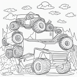 Black and white coloring page illustration of a monster truck jumping ramps, designed for kids with clear outlines, perfect for coloring books.