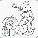 Black and white coloring page of a cute mouse holding cheese, ideal for kids' coloring books with clear outlines for easy coloring.