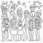 Black and white mummy coloring page for kids featuring a friendly mummy waving, ideal for coloring books with clear outlines and no shading.