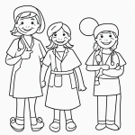 Black and white coloring page of a smiling nurse and doctor for kids, featuring clear outlines for easy coloring fun and learning about community helpers.
