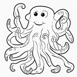 A simple black and white coloring page of a friendly octopus waving its arms, designed for kids' creativity, with clear outlines for easy coloring.