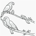 A simple black and white coloring page showing a parrot perched on a branch, designed for kids with clear outlines and suitable for a coloring book.