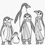 Simple black and white coloring page of penguins wearing scarves, designed for kids to color with clear outlines and no shading.