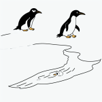 A simple black and white coloring page of a penguin sliding on ice, ideal for kids' coloring books with clear outlines and no shading.