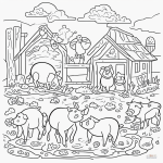 A simple black and white coloring page featuring a pig family in the mud, ideal for kids' coloring books with clear outlines and no shading.