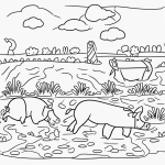 Black and white coloring page of a pig rolling in mud, perfect for kids to color. Simple line art with clear outlines ideal for young artists.