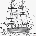 A simple black and white pirate ship coloring page for kids, featuring clear outlines and line art suitable for coloring book fun.