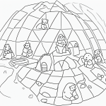 A delightful black and white coloring page depicting polar bears building an igloo, with clean line art and clear outlines, ideal for kids' coloring activities.