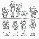 Black and white coloring page showing police officers helping children, suitable for kids' coloring books with clear, simple outlines.