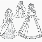 A simple black and white coloring page of a princess in a gown, featuring clear outlines and no shading, perfect for kids to color in a coloring book.