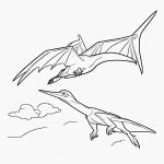 Simple black and white coloring page of a pterodactyl flying for kids, featuring clear outlines, perfect for coloring books and young artists.