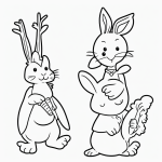 A simple black and white coloring page of a rabbit holding a carrot, designed for kids with clear outlines and no shading, suitable for a coloring book.