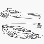 A simple black and white line art coloring page of a race car speeding on a track, perfect for kids to color and enjoy.