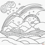 Black and white coloring page of a rainbow over mountains, perfect for kids with clear outlines and no shading, ideal for creative coloring fun.