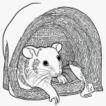 Simple black and white coloring page of a rat peeking from a hole, designed for kids to enjoy coloring with clear outlines and no shading.