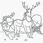 A simple black and white coloring page for kids featuring a reindeer pulling a sleigh, perfect for coloring books with clear outlines and no shading.