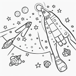 A simple black and white coloring page showing a rocket blasting off, ideal for kids to color and enhance their creativity and motor skills.