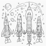 A simple black and white coloring page for kids featuring a rocket ship on the moon with clear outlines, perfect for a coloring book.