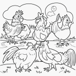 Simple black and white coloring page of a rooster crowing at sunrise, ideal for kids' creative coloring activities.