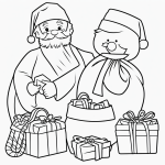 A simple black and white coloring page of Santa Claus with a big sack of gifts, featuring clear outlines perfect for kids' coloring books.