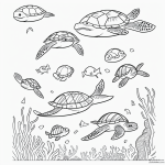 Black and white coloring page of sea turtles swimming among coral reefs, designed for children to color and learn about marine life.